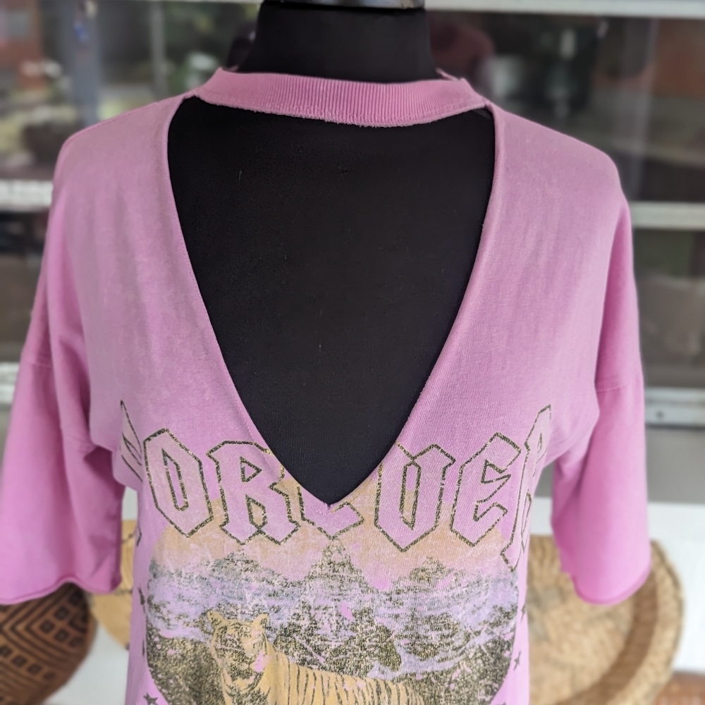 Missguided 2 Pink Vintage Band Tee Mini Dress Forever Young Choker Cut Out Vneck - Picture 4 of 11